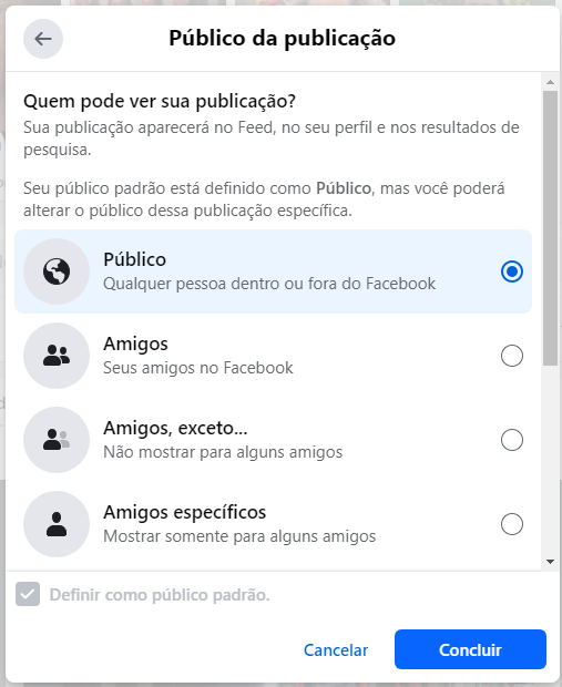 Facebook – caixa suspensa que mostra para quem sua publicação deve aparecer